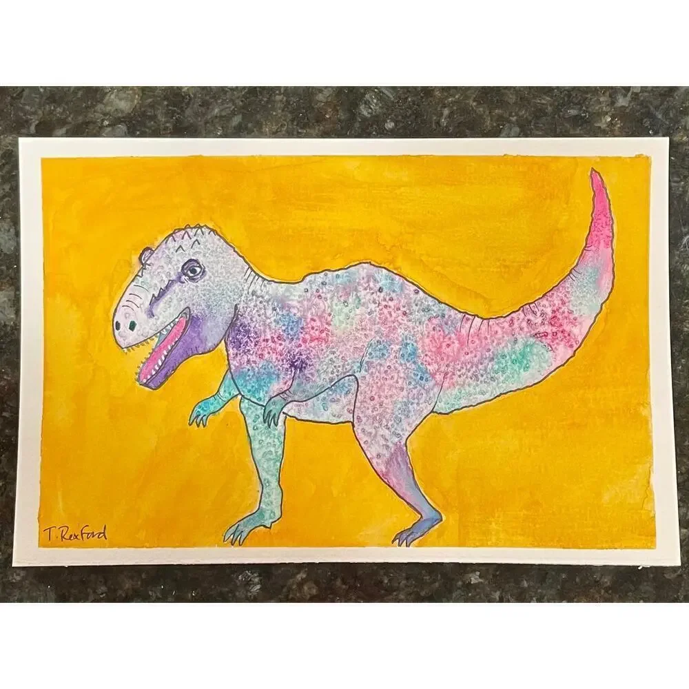 Hand painted watercolor original painting tie dye T-Rex